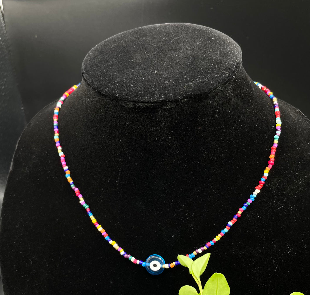 Collar de canutillos multicolor con Ojo turco Azul Cielo